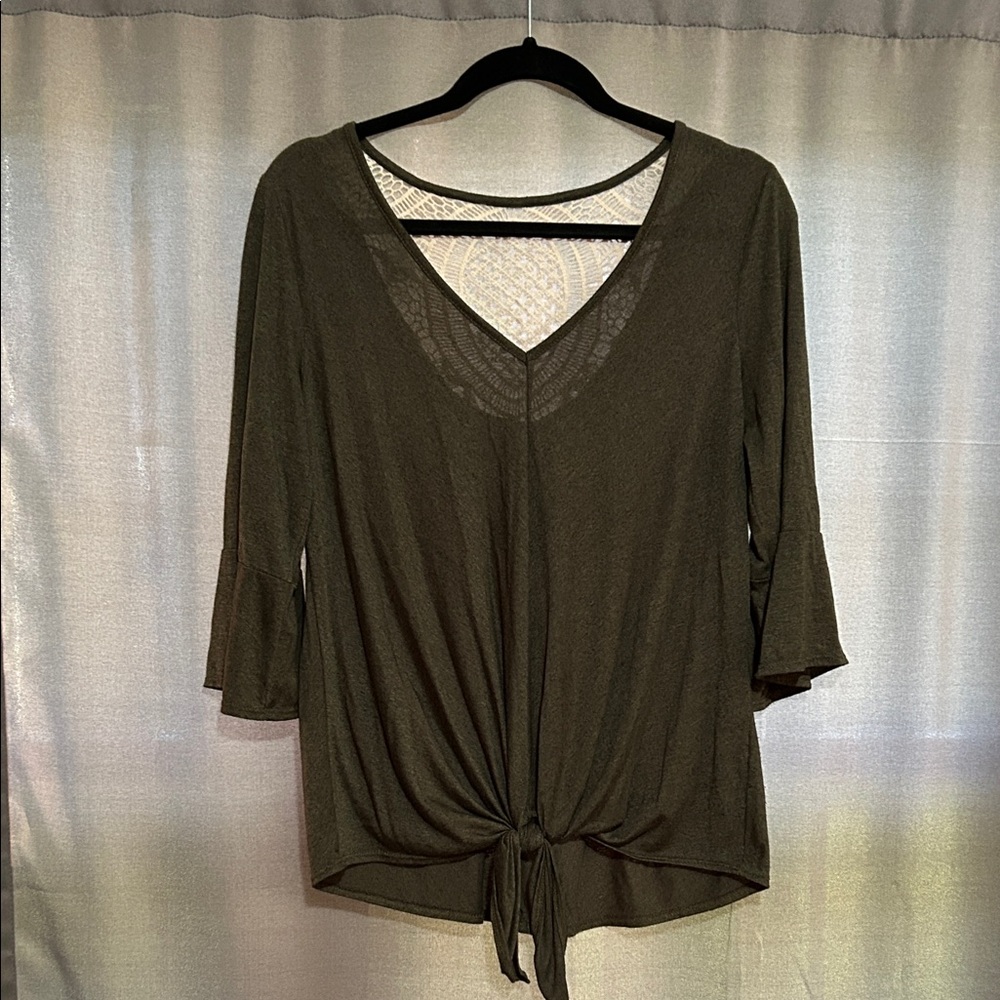 Apt. 9 Dark Olive Tie-Front Blouse with crocheted back